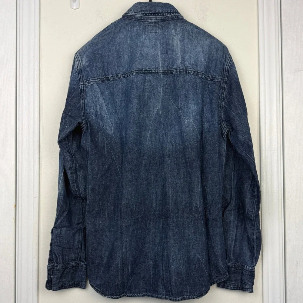True Religion Western Denim Jean Pearl Snap Shirt Mens M Cotton Blue Great Fade